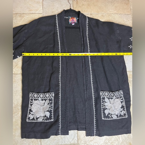 Johnny Was Black Linen Embroidered Kimono Jacket L Boho Open Cardigan Western - Picture 10 of 10